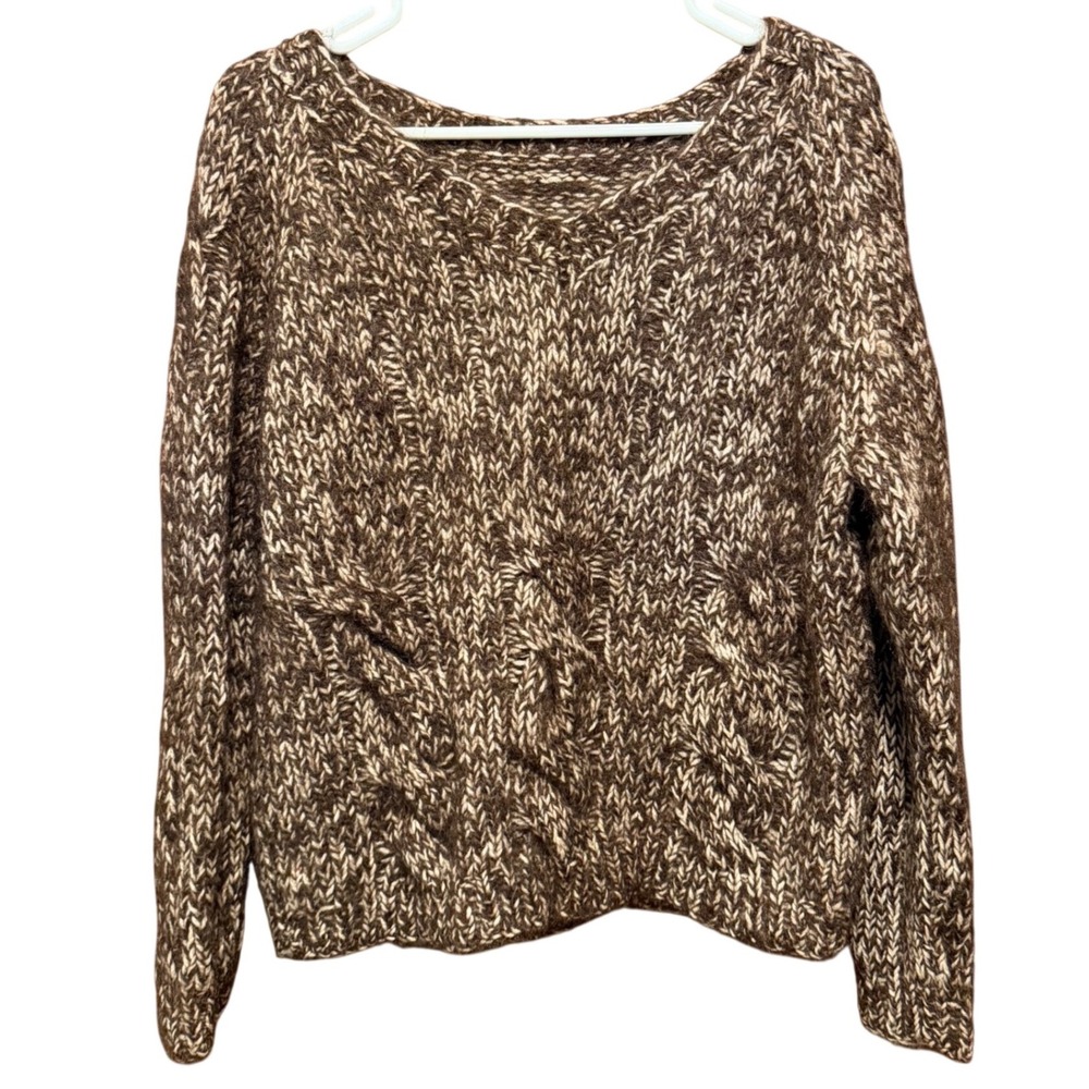 Womens Brown Cream‎ Marled Chunky Cable Knit V-Neck Oversized Sweater